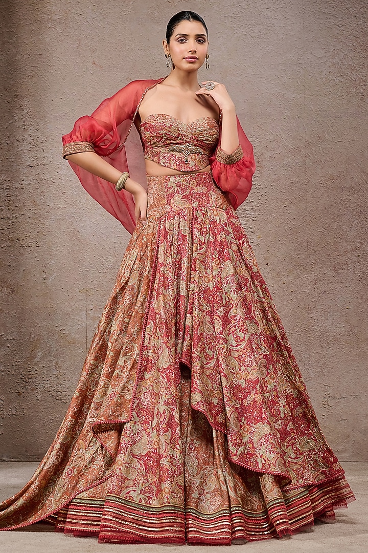 Rust Tussar Silk Printed Draped Jacket Bridal Lehenga Set by Tarun Tahiliani at Pernia's Pop Up Shop