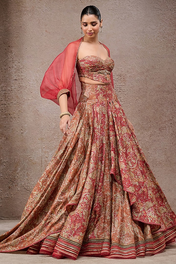 Rust Tussar Silk Printed Draped Jacket Bridal Lehenga Set by Tarun Tahiliani at Pernia's Pop Up Shop