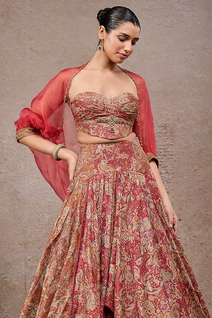 Rust Tussar Silk Printed Draped Jacket Bridal Lehenga Set by Tarun Tahiliani at Pernia's Pop Up Shop