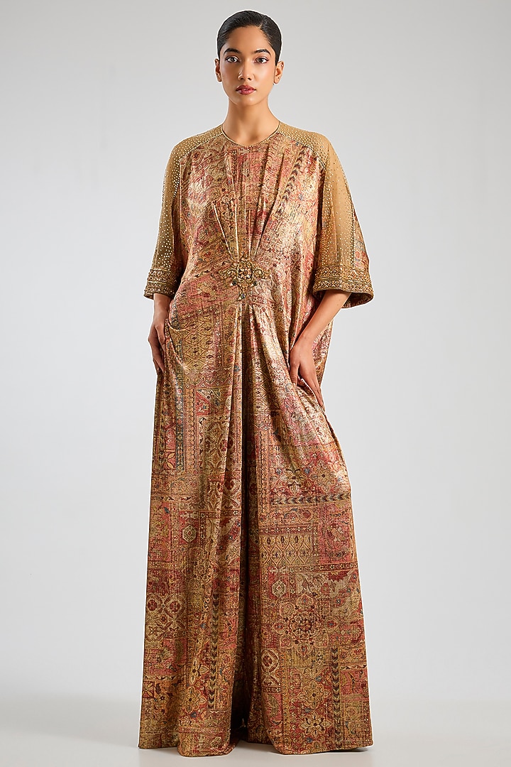 Peach & Coral Foil Jersey Printed & Hand Embroidered Jumpsuit by Tarun Tahiliani at Pernia's Pop Up Shop