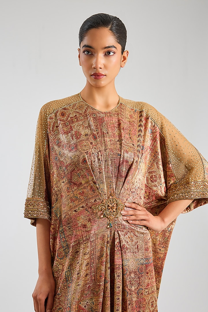 Peach & Coral Foil Jersey Printed & Hand Embroidered Jumpsuit by Tarun Tahiliani at Pernia's Pop Up Shop