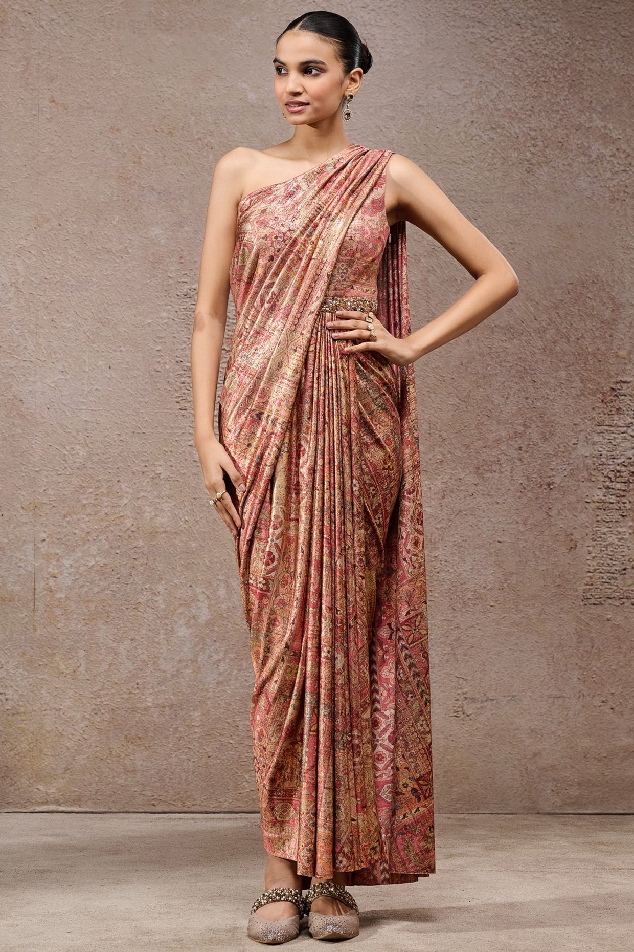Tarun Tahiliani Peach & Coral Foil Jersey Printed Draped Dress