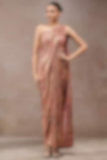 Peach & Coral Foil Jersey Printed Draped Party Wear Dress by Tarun Tahiliani at Pernia's Pop Up Shop