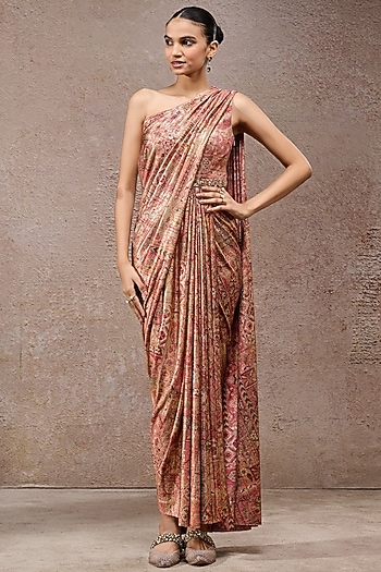 Peach & Coral Foil Jersey Printed Draped Dress by Tarun Tahiliani