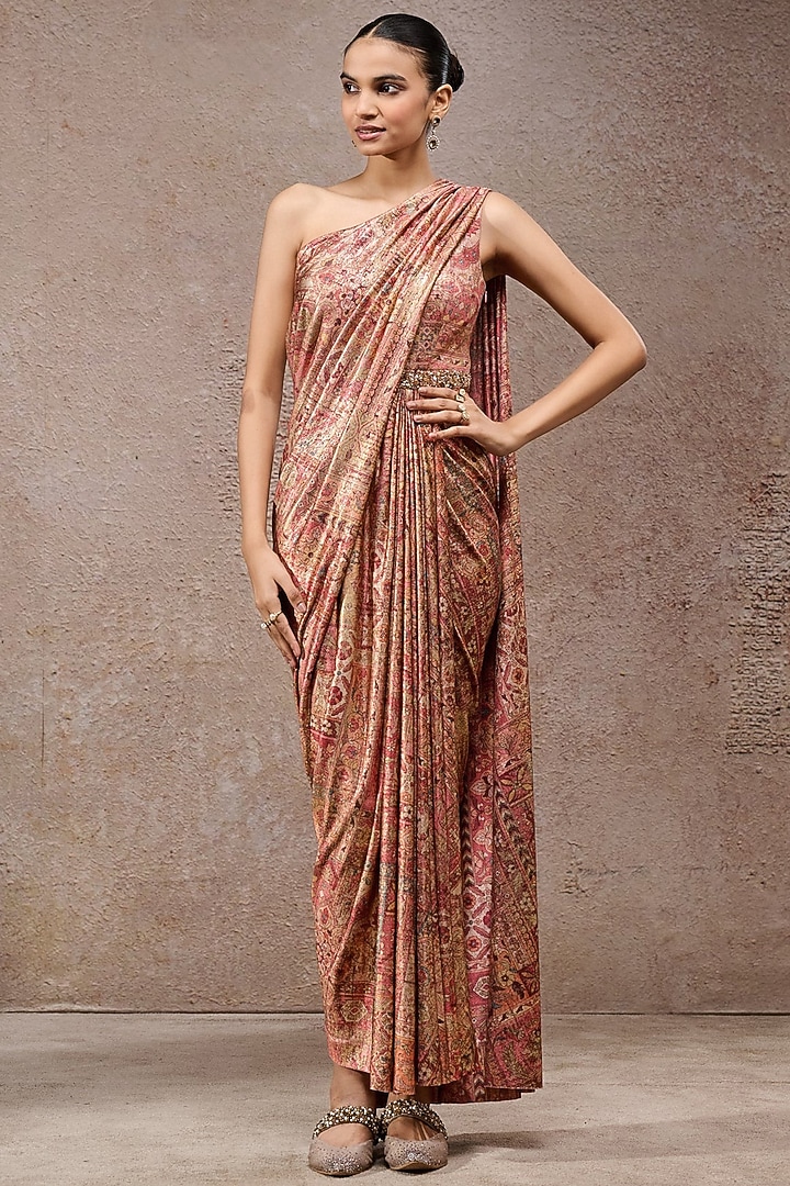 Peach & Coral Foil Jersey Printed Draped Party Wear Dress by Tarun Tahiliani at Pernia's Pop Up Shop