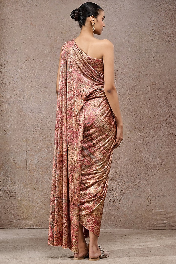 Peach & Coral Foil Jersey Printed Draped Party Wear Dress by Tarun Tahiliani at Pernia's Pop Up Shop