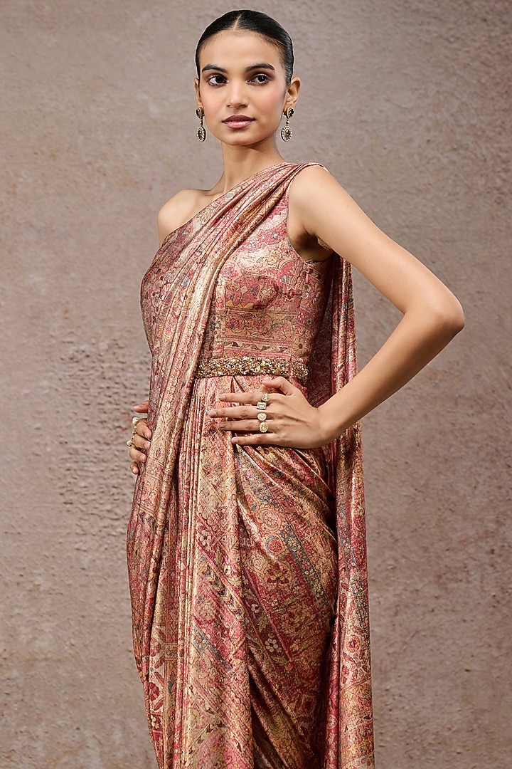 Peach & Coral Foil Jersey Printed Draped Party Wear Dress by Tarun Tahiliani at Pernia's Pop Up Shop
