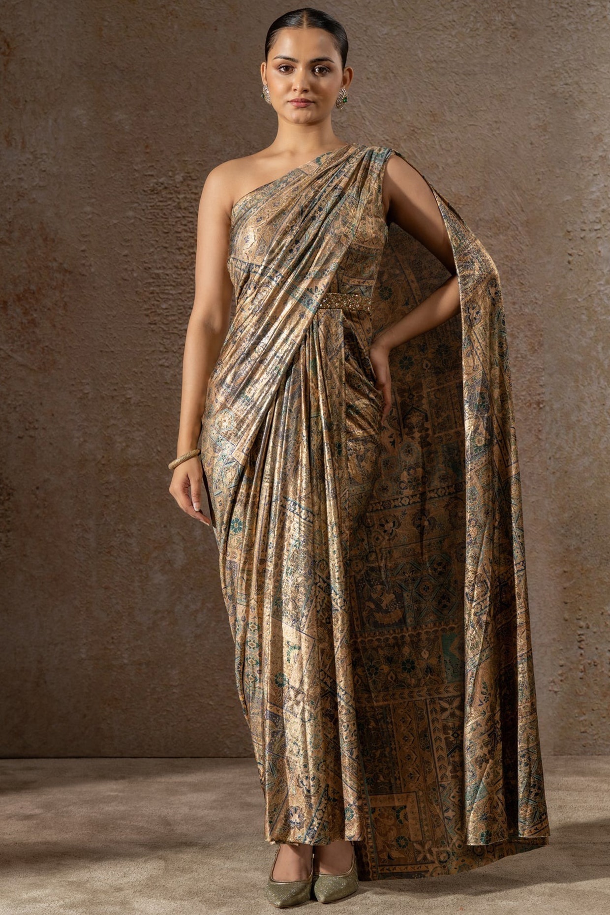 Tarun Tahiliani Multi-Colored Foil Jersey Printed Draped Dress