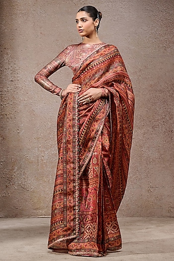 Multi-Colored Georgette Hand Embroidered Brocade Saree Set by Tarun Tahiliani