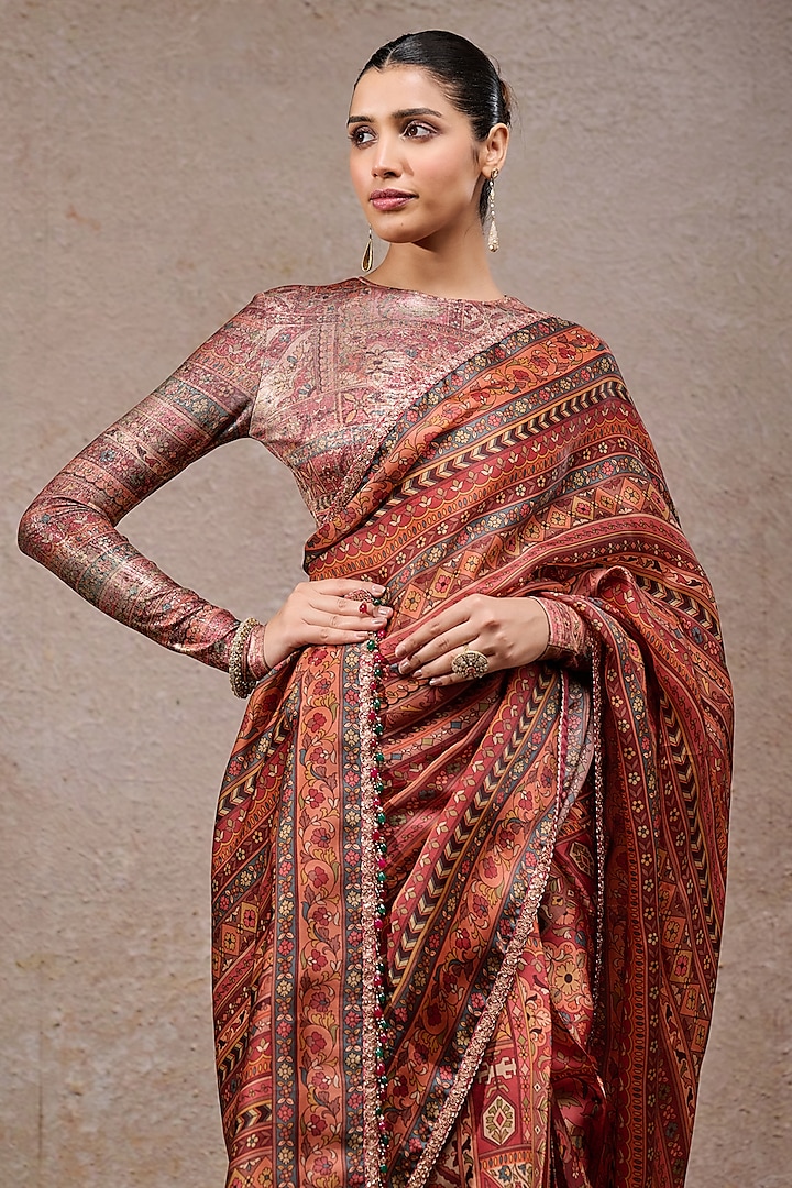Multi-Colored Georgette Hand Embroidered Brocade Wedding Saree Set by Tarun Tahiliani at Pernia's Pop Up Shop