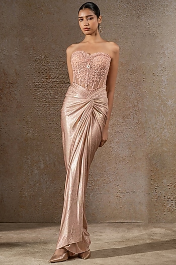 Blush Pink Tulle Net Draped Skirt Set by Tarun Tahiliani