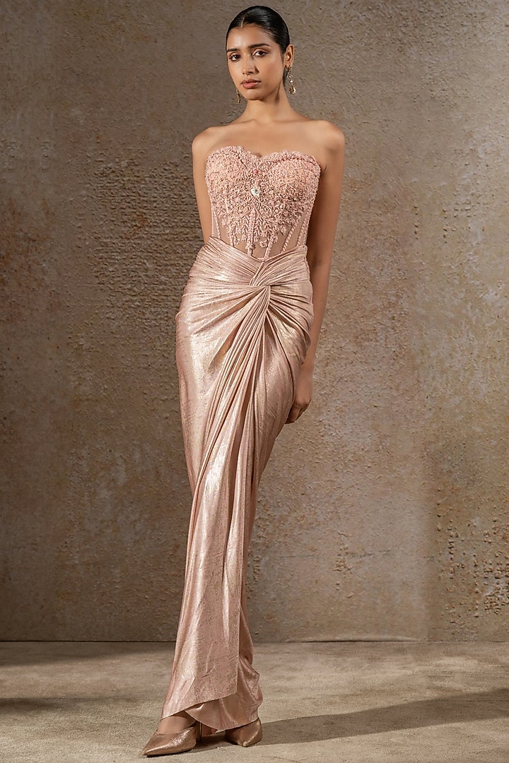 Blush Pink Tulle Net Draped Skirt Set by Tarun Tahiliani at Pernia's Pop Up Shop