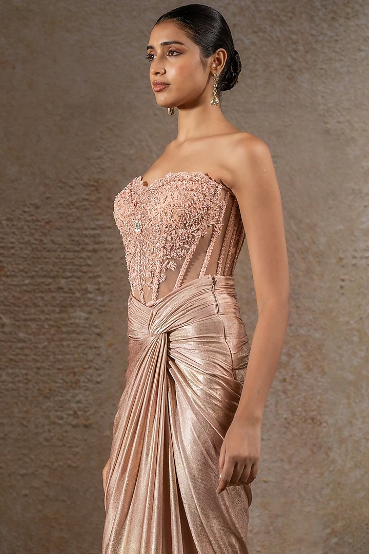 Blush Pink Tulle Net Draped Skirt Set by Tarun Tahiliani at Pernia's Pop Up Shop