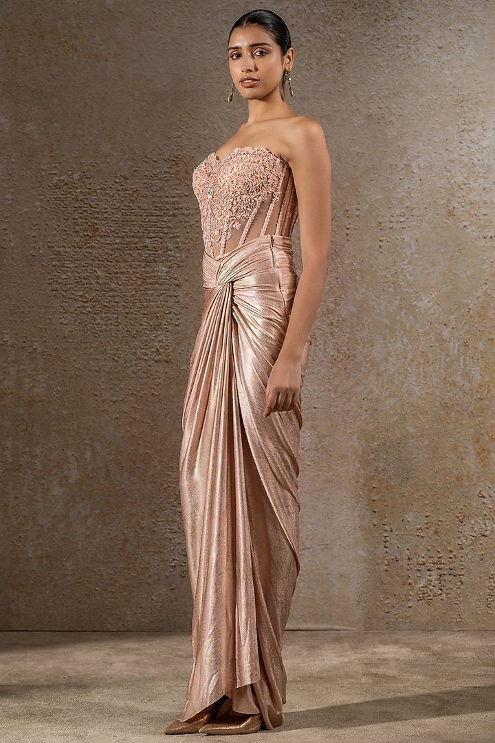 Blush Pink Tulle Net Draped Skirt Set by Tarun Tahiliani at Pernia's Pop Up Shop