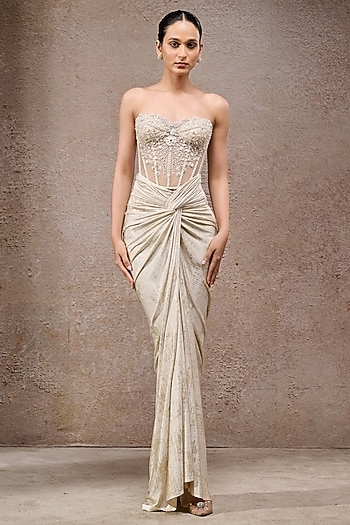 Ivory Foil Jersey Embroidered Draped Skirt Set by Tarun Tahiliani
