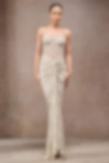 Ivory Foil Jersey Embroidered Draped Skirt Set by Tarun Tahiliani at Pernia's Pop Up Shop