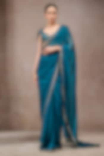 Teal Blue Chiffon Embroidered Reception Saree Set by Tarun Tahiliani at Pernia's Pop Up Shop