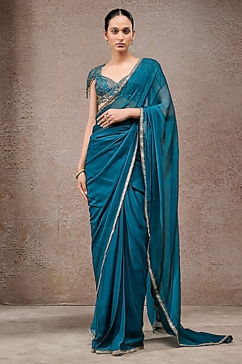 Teal Blue Chiffon Embroidered Saree Set by Tarun Tahiliani