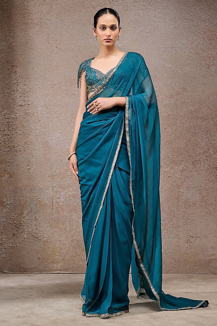 Teal Blue Chiffon Embroidered Reception Saree Set by Tarun Tahiliani at Pernia's Pop Up Shop