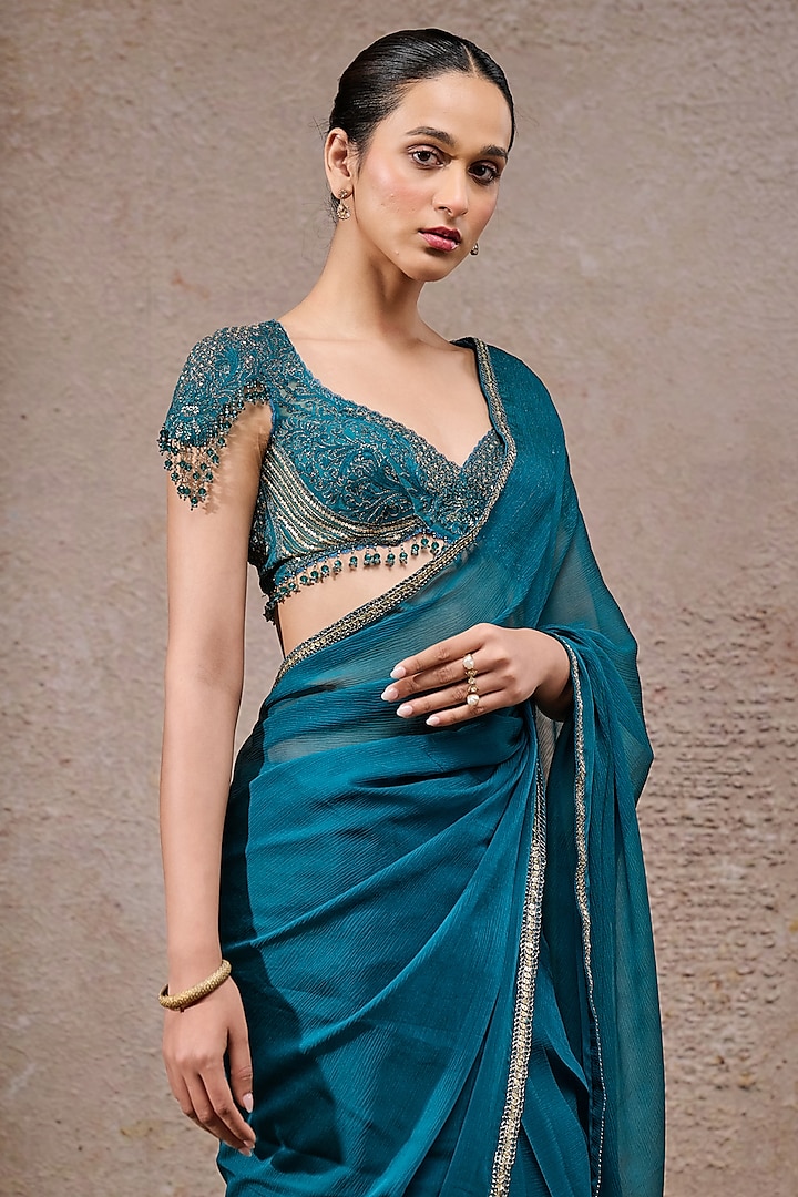 Teal Blue Chiffon Embroidered Reception Saree Set by Tarun Tahiliani at Pernia's Pop Up Shop