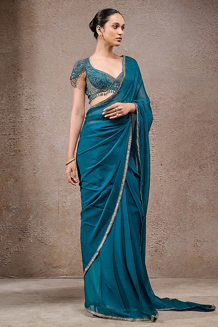 Teal Blue Chiffon Embroidered Reception Saree Set by Tarun Tahiliani at Pernia's Pop Up Shop