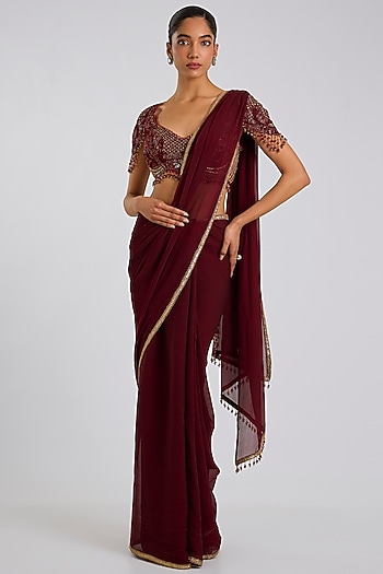 Plum Chiffon Hand Embroidered Saree Set by Tarun Tahiliani