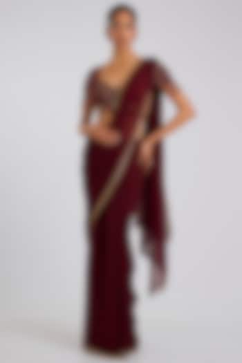 Plum Chiffon Hand Embroidered Reception Saree Set by Tarun Tahiliani at Pernia's Pop Up Shop