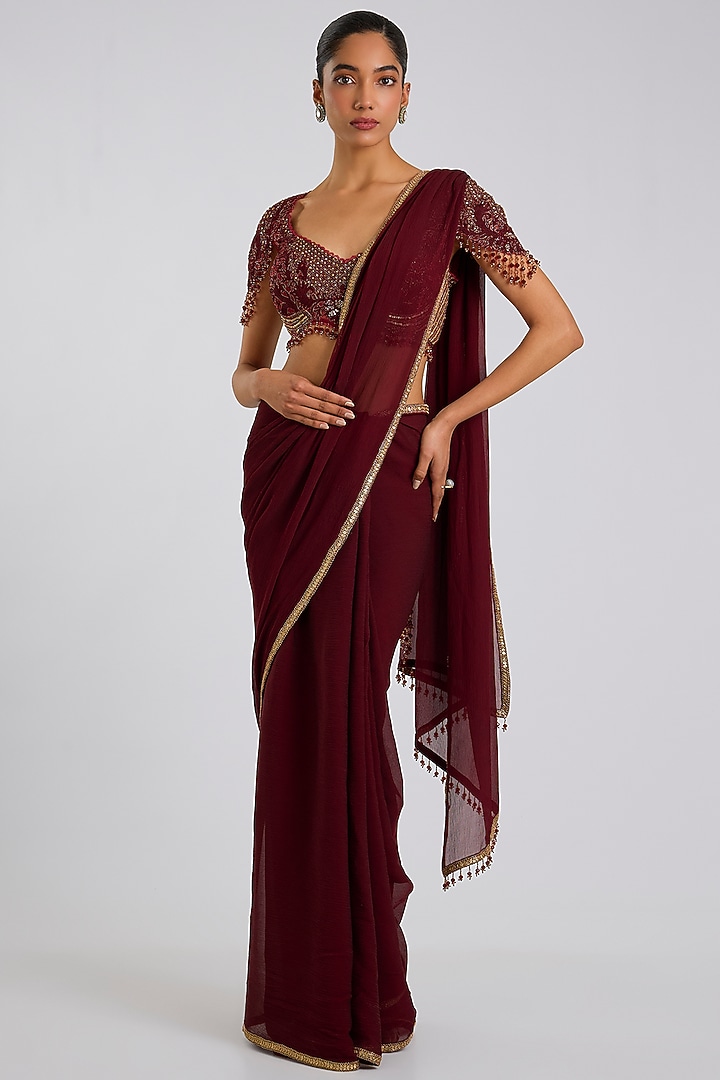 Plum Chiffon Hand Embroidered Reception Saree Set by Tarun Tahiliani at Pernia's Pop Up Shop
