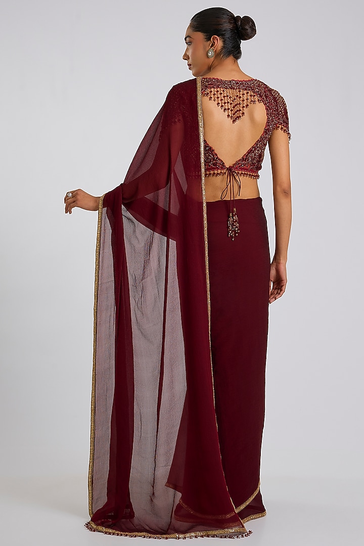 Plum Chiffon Hand Embroidered Reception Saree Set by Tarun Tahiliani at Pernia's Pop Up Shop