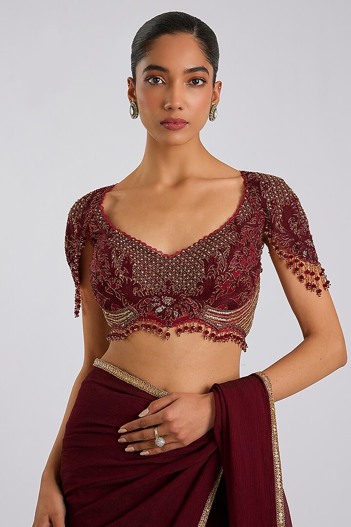 Plum Chiffon Hand Embroidered Reception Saree Set by Tarun Tahiliani at Pernia's Pop Up Shop