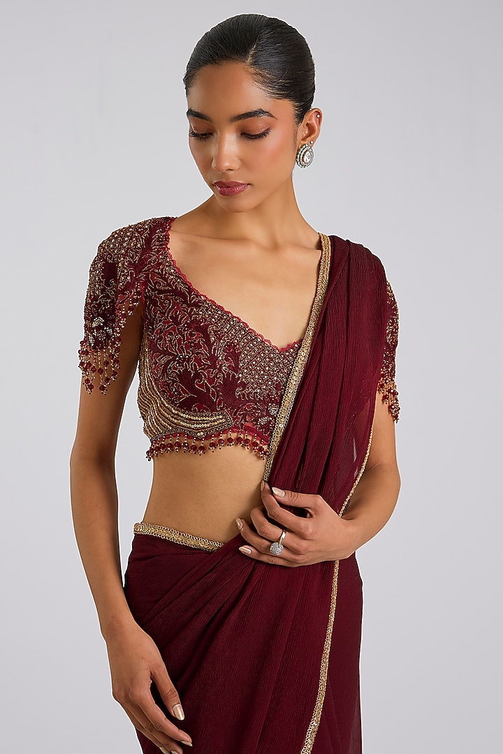 Plum Chiffon Hand Embroidered Reception Saree Set by Tarun Tahiliani at Pernia's Pop Up Shop