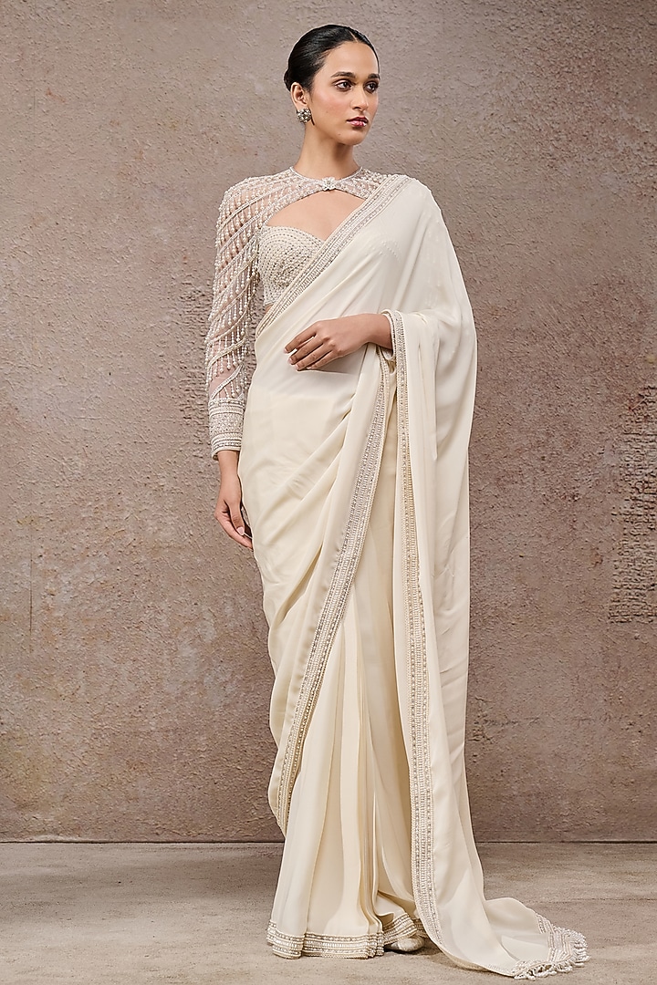Ivory Georgette Embroidered Bridal Saree Set by Tarun Tahiliani at Pernia's Pop Up Shop