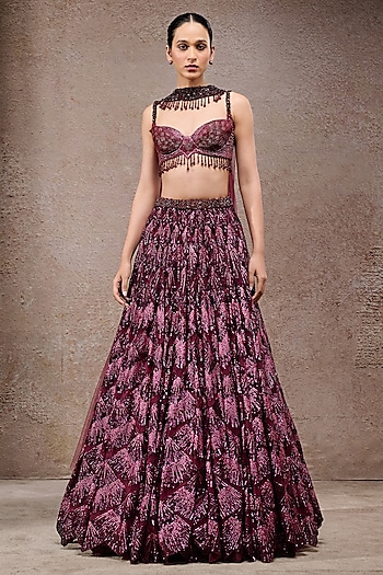 Plum Tulle Net Sequins Embroidered Lehenga Set by Tarun Tahiliani