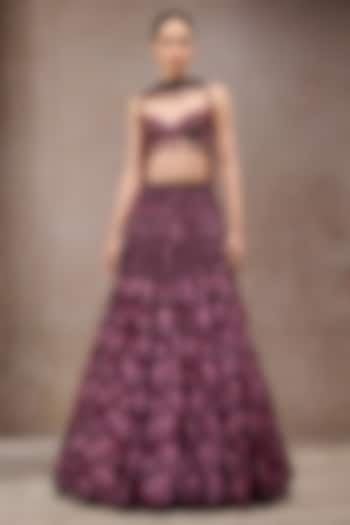 Plum Tulle Net Sequins Embroidered Bridal Lehenga Set by Tarun Tahiliani at Pernia's Pop Up Shop