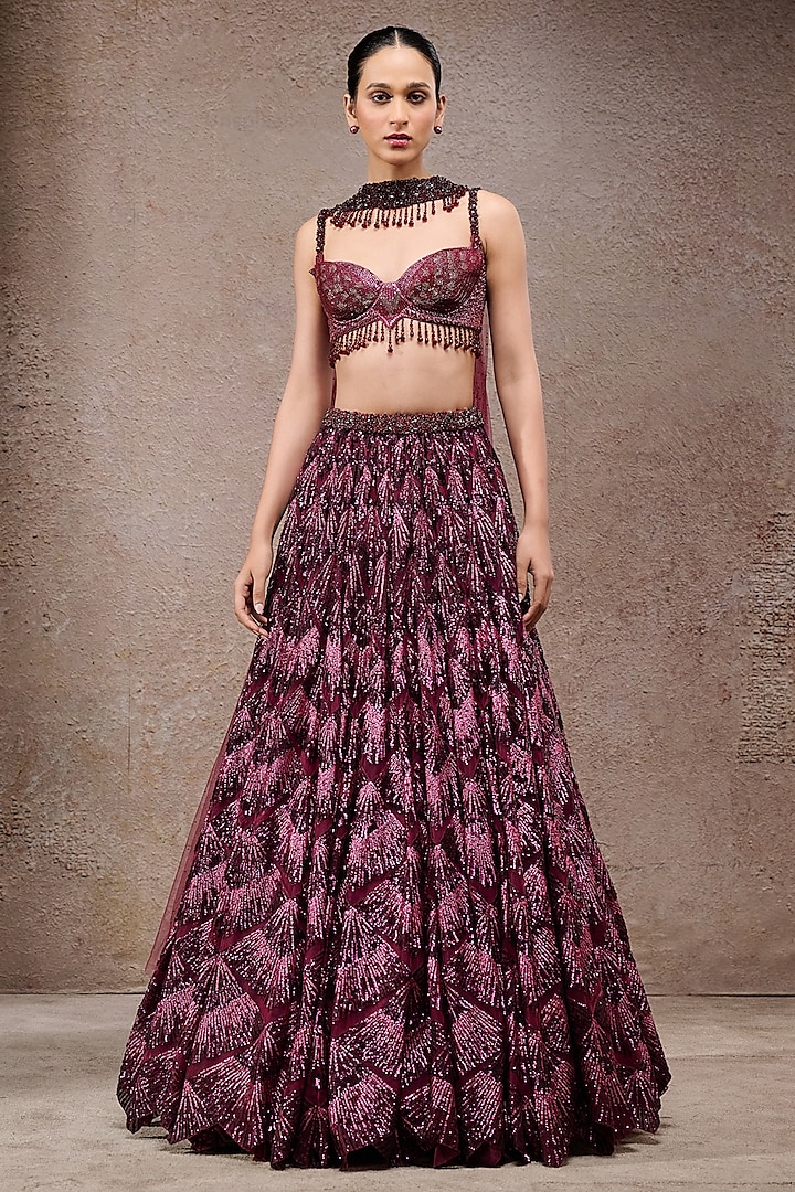 Plum Tulle Net Sequins Embroidered Bridal Lehenga Set by Tarun Tahiliani at Pernia's Pop Up Shop