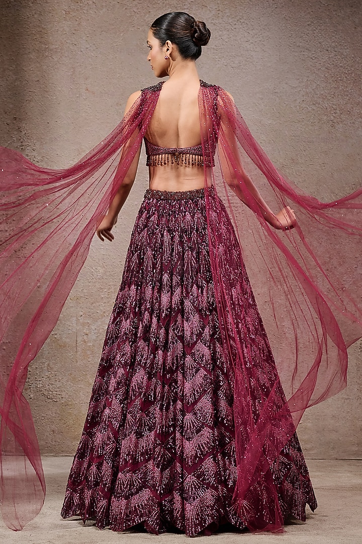 Plum Tulle Net Sequins Embroidered Bridal Lehenga Set by Tarun Tahiliani at Pernia's Pop Up Shop