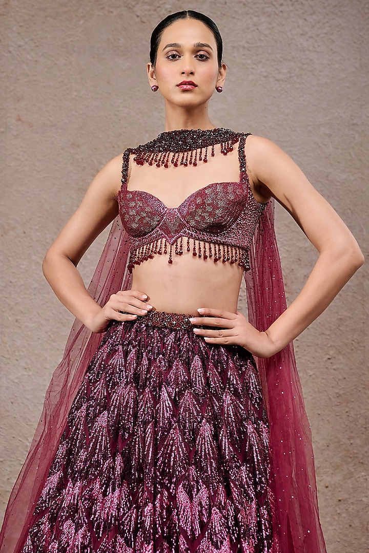 Plum Tulle Net Sequins Embroidered Bridal Lehenga Set by Tarun Tahiliani at Pernia's Pop Up Shop