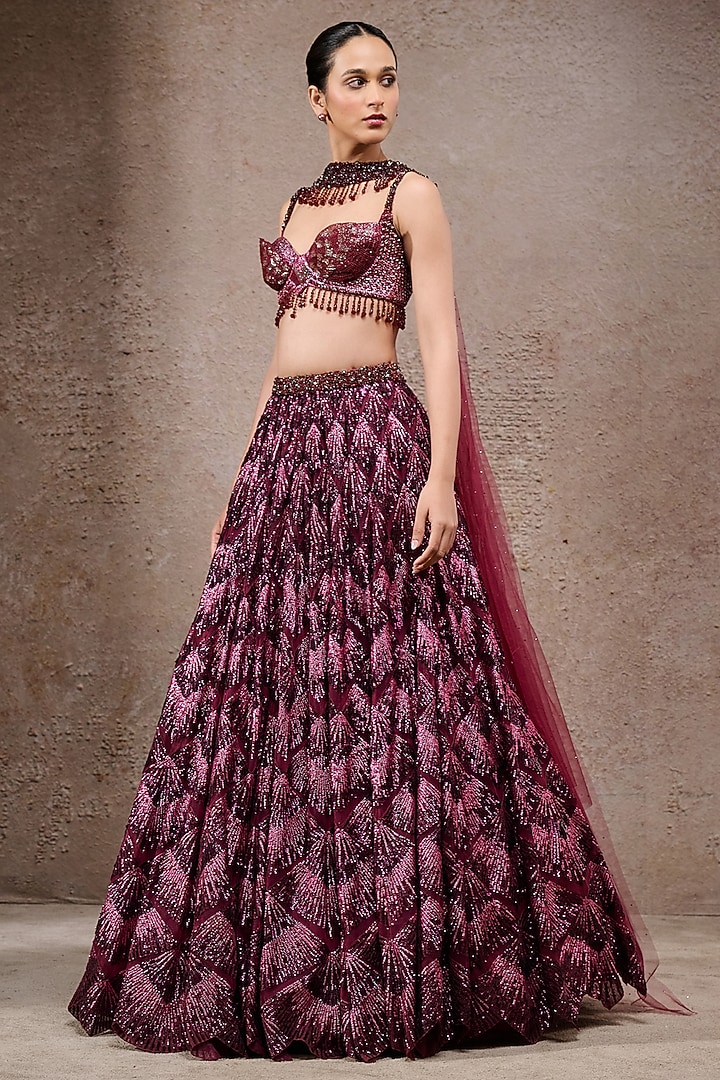 Plum Tulle Net Sequins Embroidered Bridal Lehenga Set by Tarun Tahiliani at Pernia's Pop Up Shop
