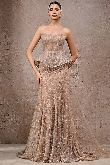 Champagne Gold Soft Net Lehenga Saree Set by Tarun Tahiliani