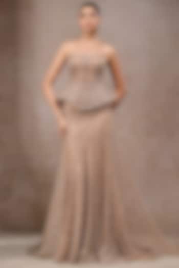 Champagne Gold Soft Net Bridal Lehenga Saree Set by Tarun Tahiliani at Pernia's Pop Up Shop