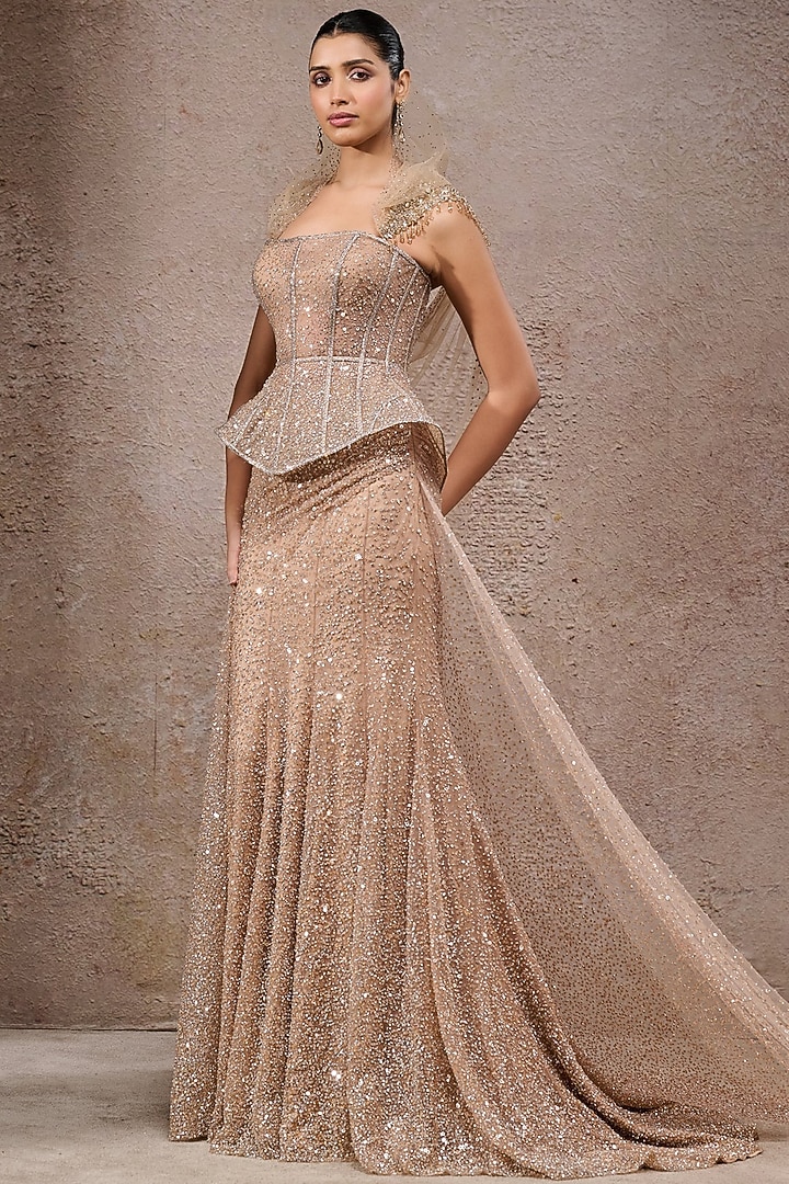 Champagne Gold Soft Net Bridal Lehenga Saree Set by Tarun Tahiliani at Pernia's Pop Up Shop