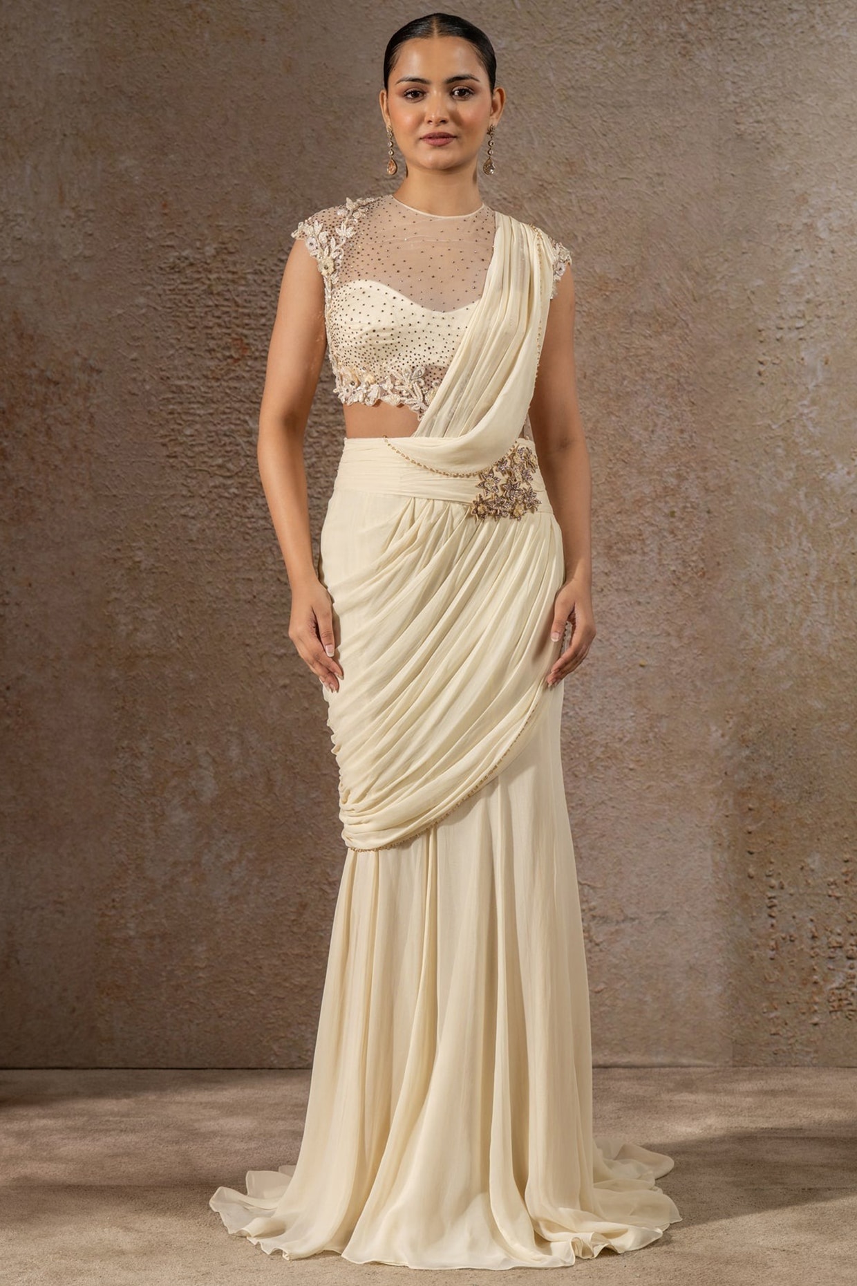 Tarun Tahiliani Ivory Tulle Net Crystal Embroidered Concept Saree Set