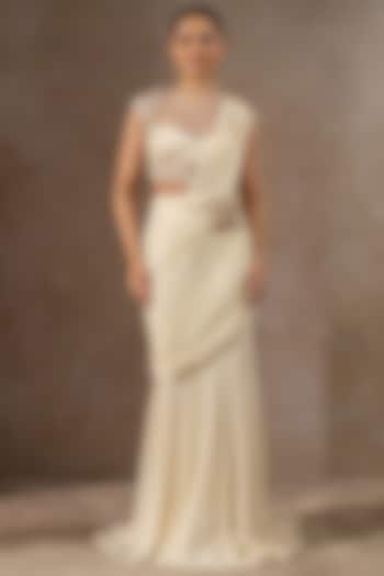 Ivory Tulle Net Crystal Embroidered Concept Bridal Saree Set by Tarun Tahiliani at Pernia's Pop Up Shop