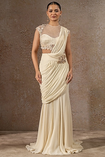 Ivory Tulle Net Crystal Embroidered Concept Saree Set by Tarun Tahiliani