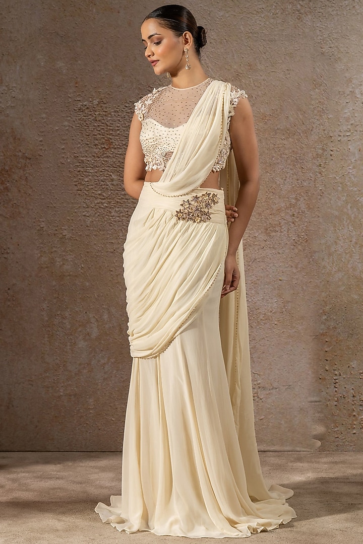 Ivory Tulle Net Crystal Embroidered Concept Bridal Saree Set by Tarun Tahiliani at Pernia's Pop Up Shop