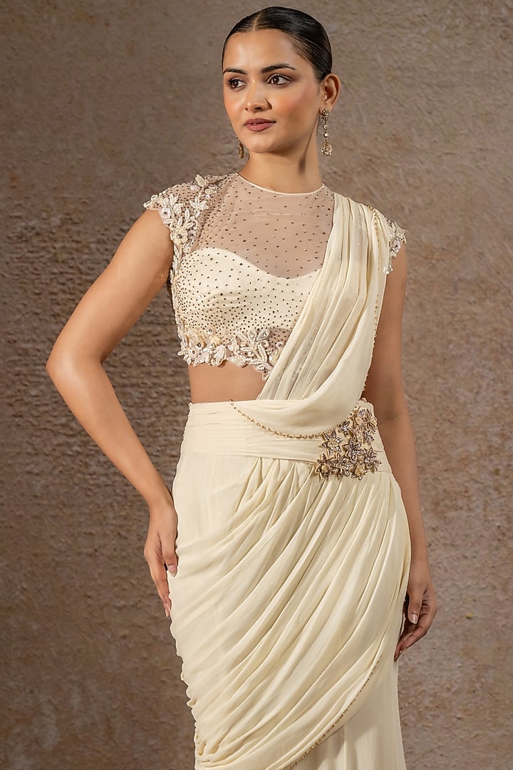 Ivory Tulle Net Crystal Embroidered Concept Bridal Saree Set by Tarun Tahiliani at Pernia's Pop Up Shop