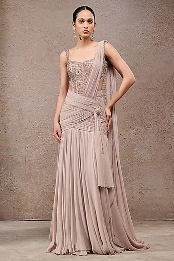 Champagne Chiffon Concept Saree Set by Tarun Tahiliani