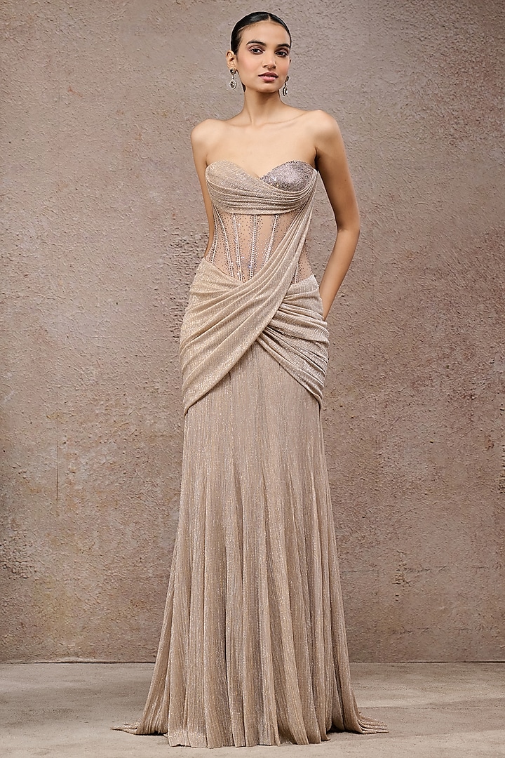 Champagne Crinkle Net Draped Corset Wedding Gown by Tarun Tahiliani at Pernia's Pop Up Shop