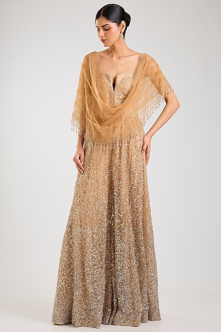 Champagne Soft Net Swarovski Crystal Embroidered Jumpsuit by Tarun Tahiliani at Pernia's Pop Up Shop