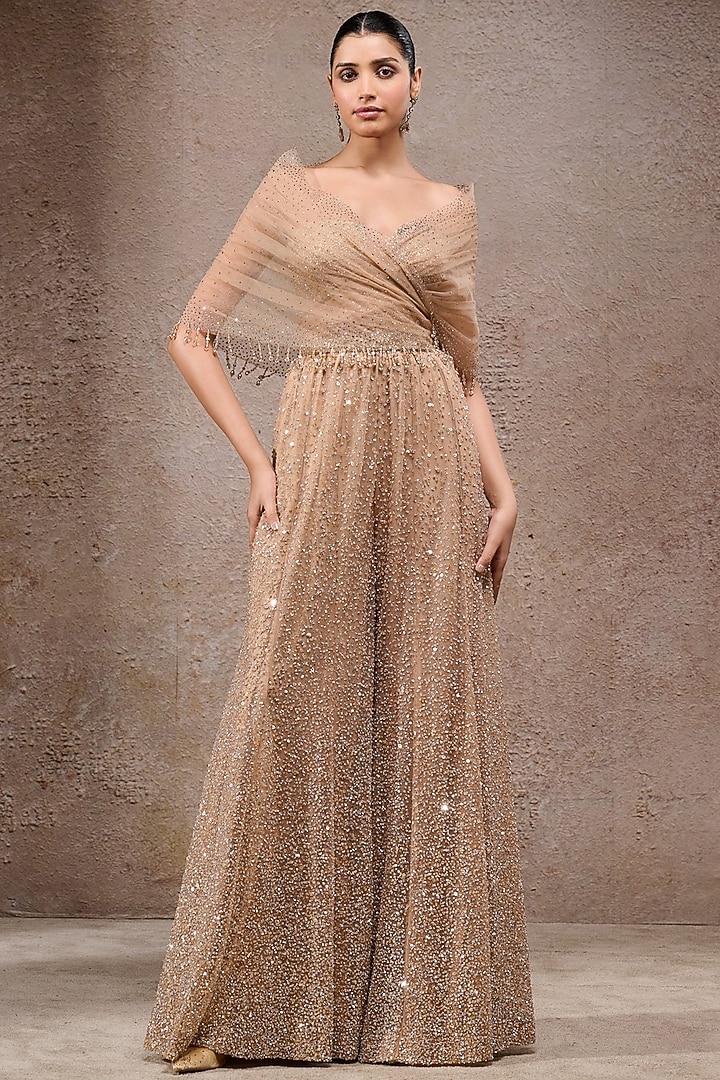 Blush Pink Tulle Net Sequins Embroidered Jumpsuit by Tarun Tahiliani at Pernia's Pop Up Shop